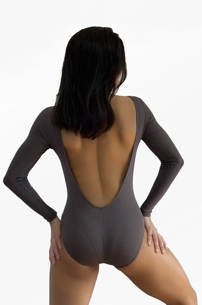 Collant Giovanna cinza, manga longa, vista dorsal, Lucia Caliman