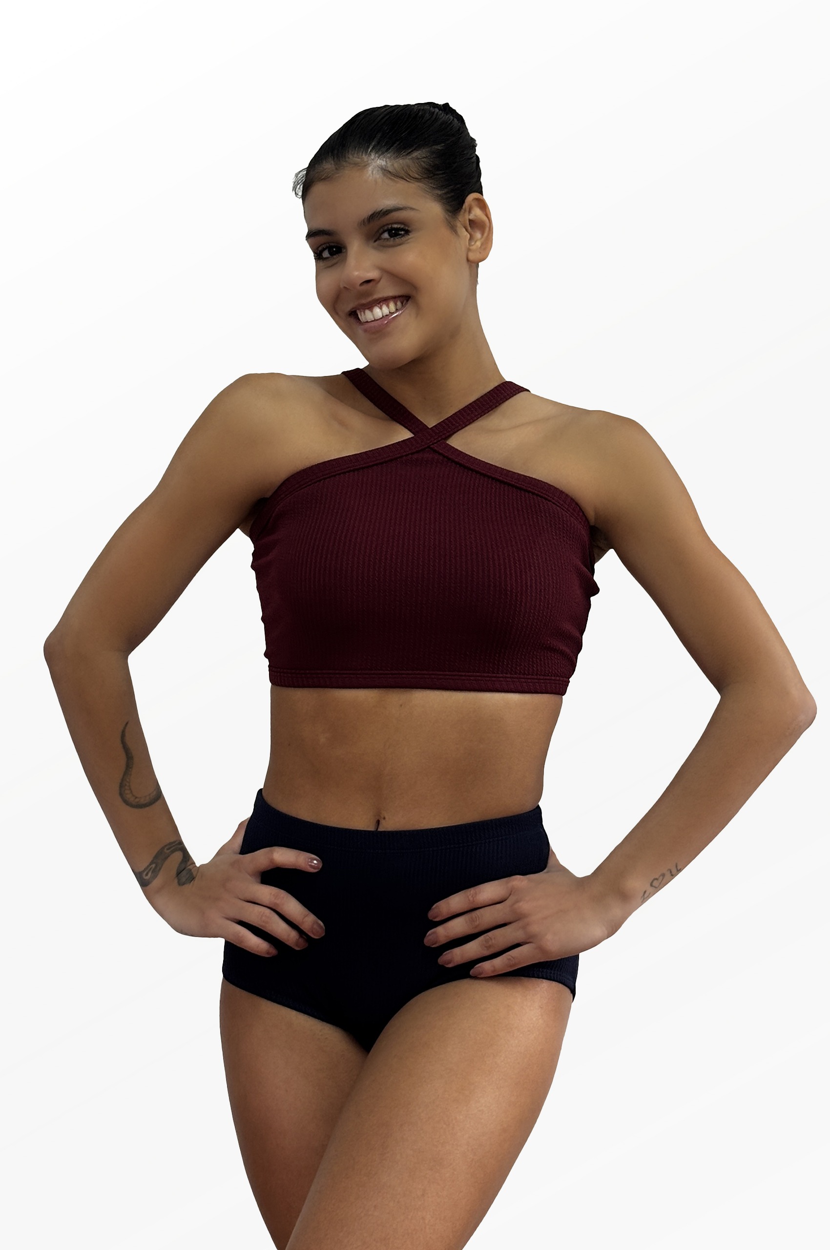 Top Laura vinho, alças cruzadas, vista frontal, Lucia Caliman