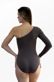 Collant Taty cinza, um ombro só, vista dorsal, Lucia Caliman