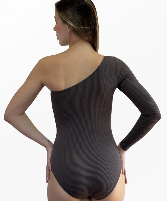 Collant Taty cinza, um ombro só, vista dorsal, Lucia Caliman