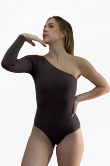 Collant Taty cinza, um ombro só, vista frontal, Lucia Caliman