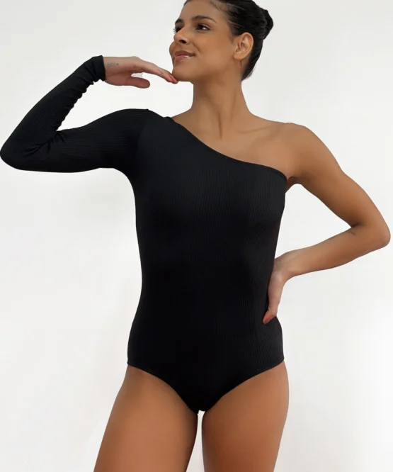 Collant Taty preto de manga longa única e decote assimétrico, Lucia Caliman
