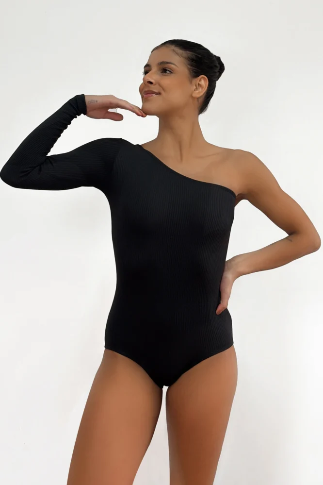Collant Taty preto de manga longa única e decote assimétrico, Lucia Caliman