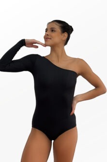 Collant Taty preto, um ombro só, vista frontal, Lucia Caliman