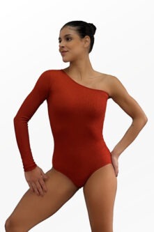 Collant Taty terracota, um ombro só, vista frontal, Lucia Caliman